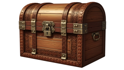 Ornate Wooden Treasure Chest with Brass Lock and Straps Isolated on White