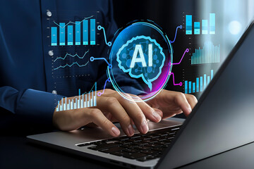 Title: A person using a laptop with a holographic AI brain and data charts floating above the