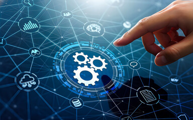 Title: A hand touching a digital interface with interconnected gears and various representing