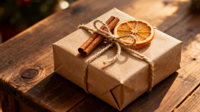 Wrapped gift sits on a rustic wooden table topped with twine, cinnamon sticks and a dried orange slice, evoking warm holiday tones and natural textures with blurred background and available space for 