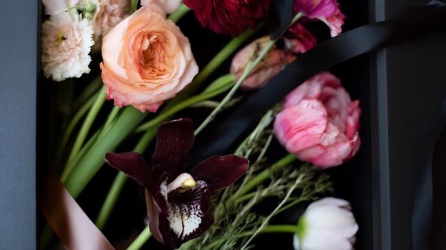 Medium shot of a premium floral subscription box reveal highlighting luxurious rare flower varieties elegantly packaged with delicate wrapping and ribbons.