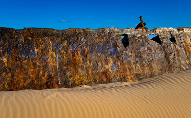 Rusty sidewall of the wreck at the eastern end of the North Sea island of Norderney in the Wadden...