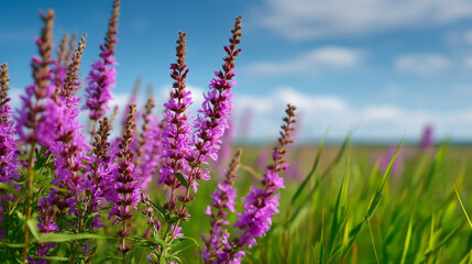 Naklejka premium Bright pink flowers grow in a field under a blue sky with some clouds