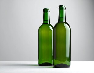 Two Green Glass Bottles on White Surface in Studio.