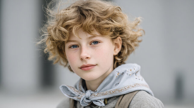 World Scout Scarf Day. Young caucasian male with curly hair and blue eyes