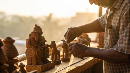 Indian street handicraft seller skillfully polishing wooden figurines in warm sunlight showcasing traditional craftsmanship and cultural artistry