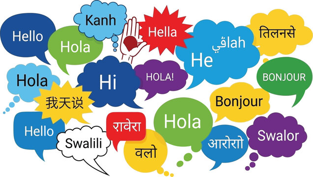 Diverse collection of colorful speech bubbles displaying the word hello in multiple different languages and global communication concepts