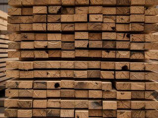 Stacked wooden planks in a storage facility viewed from the front