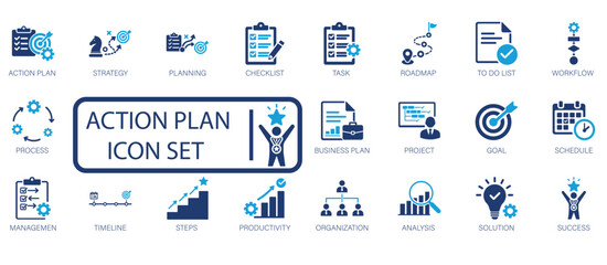 Action plan and business strategy icon set featuring project planning, goal setting, workflow management, roadmap, task checklist, productivity steps, and success timeline symbols. © FlatCore Studio