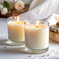 Two Lit Candles in Glass Holders with Floral Decor.