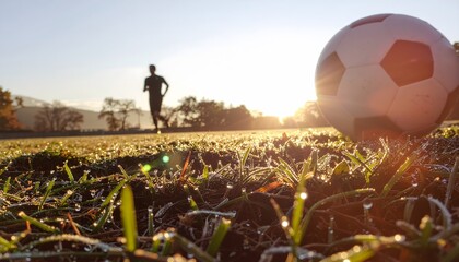 Morning photography of a football on dew covered grass at sunrise with warm golden light and a runner silhouette creating energy and freshness