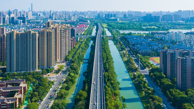 Wuhan Aerial City View with Green Canals and Modern Skyline