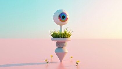 A futuristic eye on a cone with grass and flowers in a pink and blue gradient background