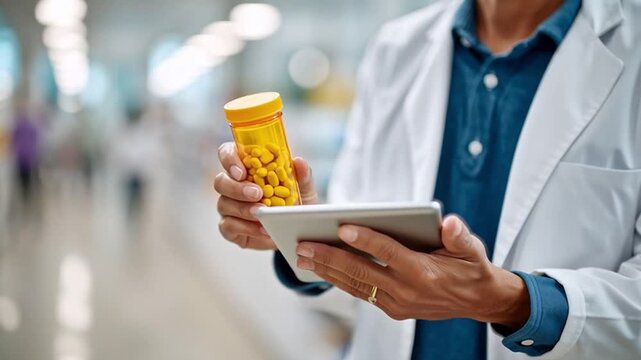 Healthcare Professional Reviews Medication Development With a Tablet in a Pharmacy Generative AI