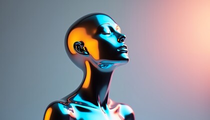 Shiny metallic humanoid figure with blue and orange reflections looking upward