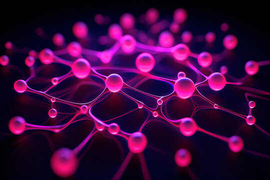 Intricate network of glowing pink spheres connected by luminous lines creating an abstract scientific molecular structure visualization representing neural pathways or complex data connections - Powered by Adobe