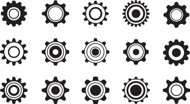 Gear icon vector set, black cogwheel vector collection, mechanical gear shapes, engineering symbols, industrial machinery, sprocket designs, abstract gearwheel graphics