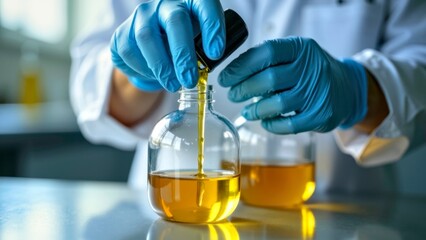 Scene of laboratory personnel dumping yellow reagent