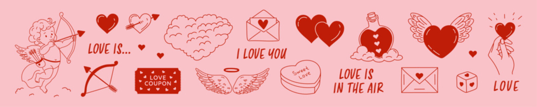 Hand-drawn happy valentine day love set: cute cupid, wings,red heart symbols,winged heart,a creative concept design for web use, featuring playful romance elements in doodle vector illustration style.