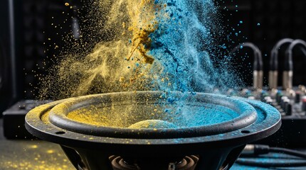 Speaker vibrating with colorful powder explosion