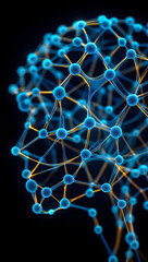 Intricate three dimensional network structure with glowing blue nodes and connecting golden orange lines suggesting a neural network or molecular structure