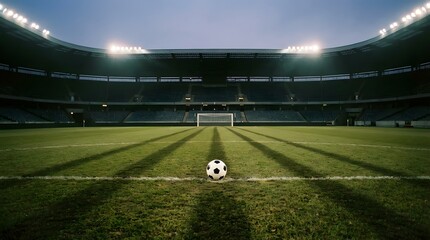 Empty soccer stadium at dusk with football centered on green field under bright floodlights