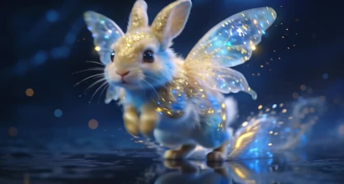 Glowing-Winged Rabbit Sprinting And Leaping Toward The Camera, Its Sparkling Fairy Wings Flapping Rapidly As It Tries To Take Flight In A Dark, Magical Arena