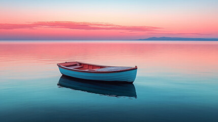 Sunset over a tranquil lake, reflecting the image of small boats.