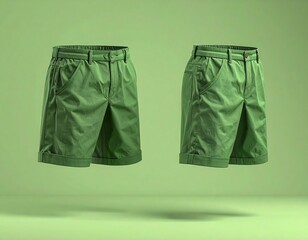 Two Pairs of Green Shorts Floating on a Green Background.