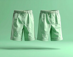 Two Pairs of Green Shorts Floating on a Green Background.