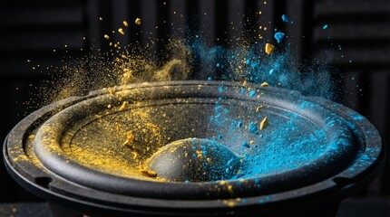 Speaker vibrating with colorful powder explosion