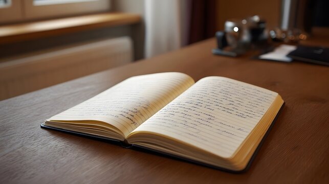 An open notebook filled with handwritten notes and text lies on a wooden desk surface