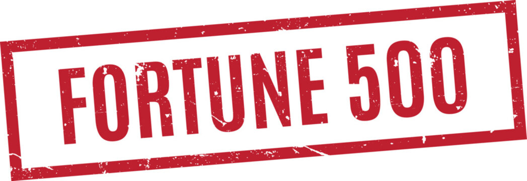 slanted rectangular red fortune 500 stamp with thin border line and distressed ink for corporate