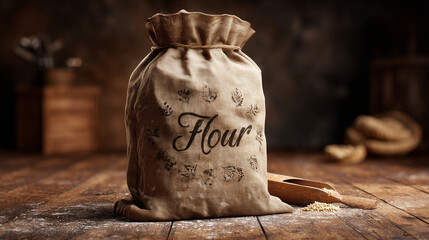 A burlap flour bag with a handwritten label on a rustic wooden table.
