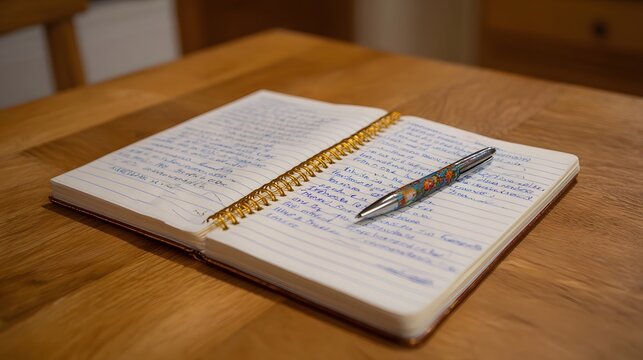 An open notebook with handwritten notes and a pen rests on a wooden table