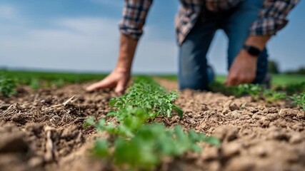 Medium shot of a farmer installing soil moisture sensors in a field capturing precise data to optimize irrigation and boost crop health.