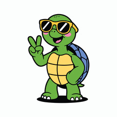 Obraz premium Cartoon turtle wearing sunglasses making peace sign green vector illustration isolated on white background