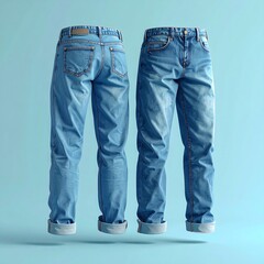Two pairs of light blue jeans floating on a light blue background.