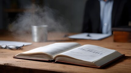 Open notebook with charts and mist on a wooden desk a blurry figure in the background