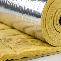 Insulation material roll with yellow fibrous texture on a reflective metallic surface