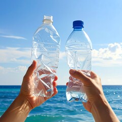 Two Plastic Bottles Held Up Against a Blue Sky and Ocean.