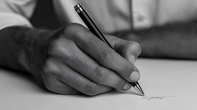 Monochrome close up of a focused hand gracefully writing a signature with a pen on white paper emphasizing precision and detail