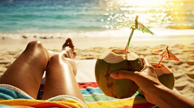Point of view shot from woman relaxing on sunny beach with tropical coconut drinks and umbrellas. Leisure vacation theme in paradise setting footage
