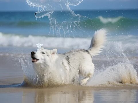 Joyful White Dog Sprinting And Rolling Through Shallow Surf On A Sunny Beach