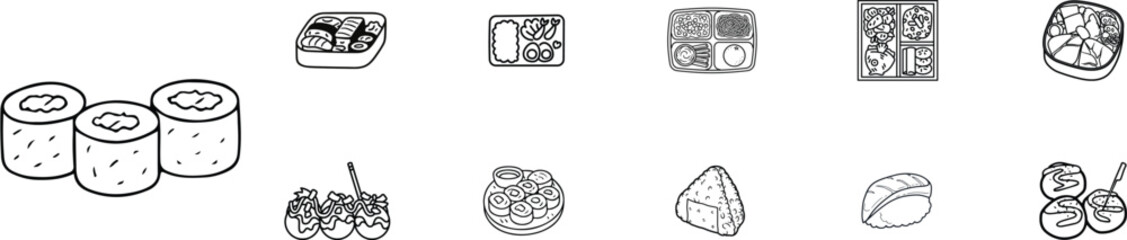 Japanese Sushi and Bento Line Art Icons Set – Traditional Food Illustration © ArifDxn