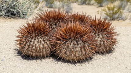 Clusters of dry sharp thorns on a desert shrub plant in arid sunlight