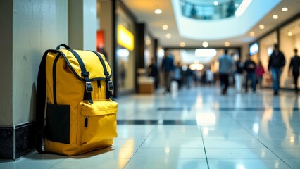 Indoor lobby yellow bag crowd scene