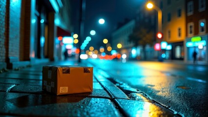 Outdoor street cardboard box rain scene