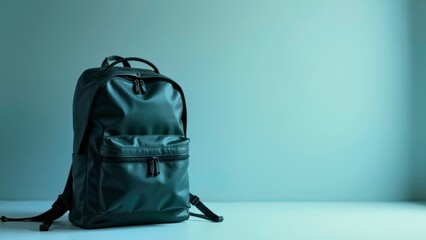 Grey blue background black backpack scene