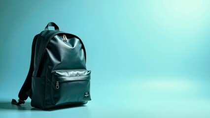 Light blue background black backpack scene
